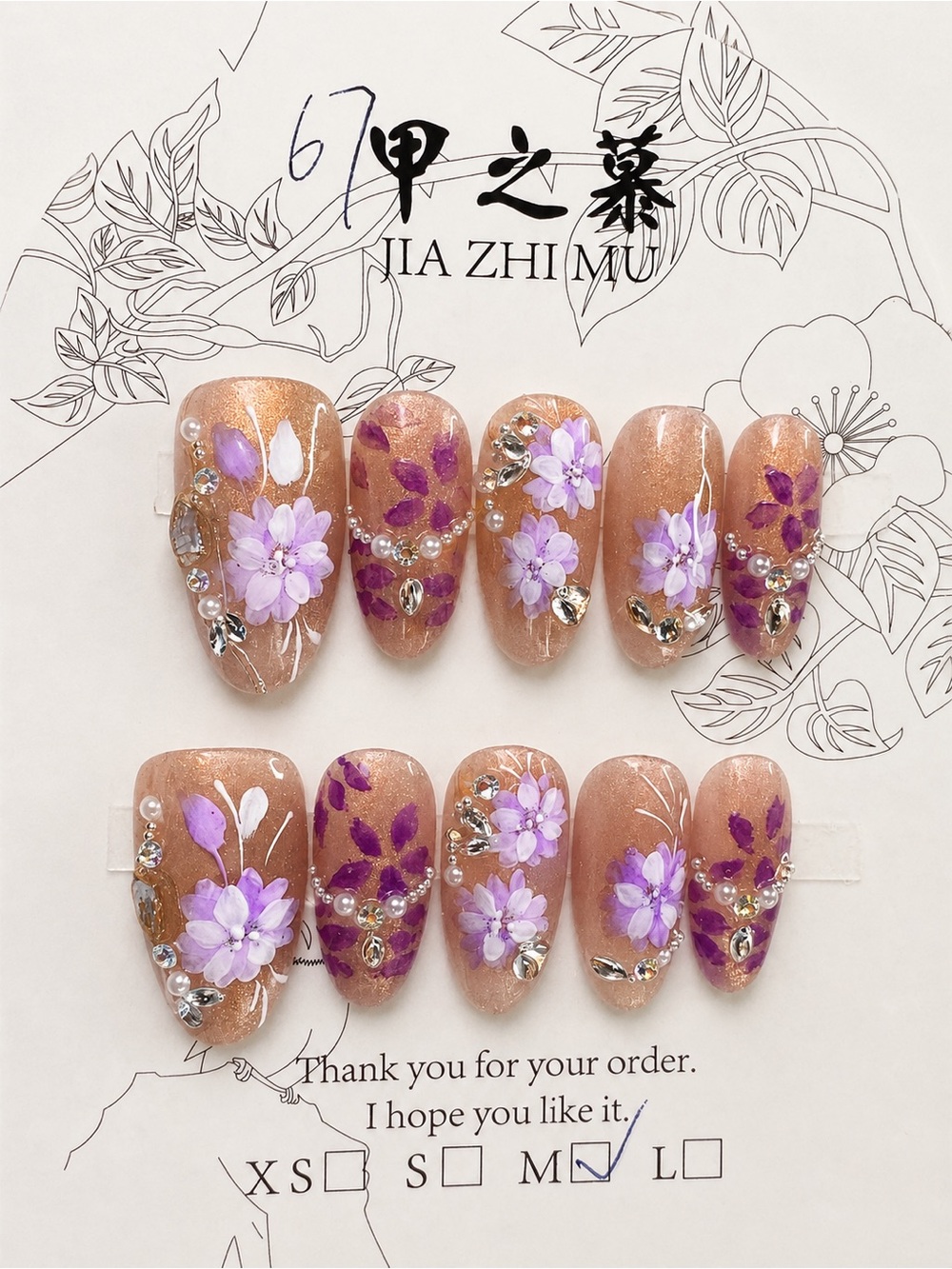 JIA Purple Floral Press-On Nail Set - Lavender on Shimmery Peach REUSABLE